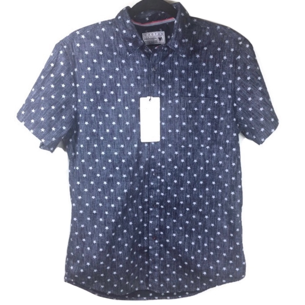 NWT Cactus Slim Fit Star Print Navy One Pocket Button Up Shirt Size Medium